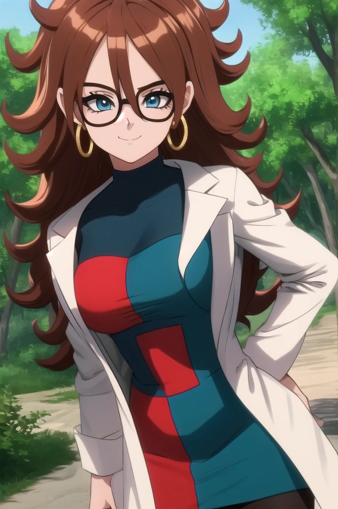 android21, 1girl, solo, blue eyes, brown hair, long hair, curly hair, hair between eyes, jewelry, hoop earrings, glasses,
checkered dress, two-tone dress, multicolored dress, tight dress, turtleneck, black pantyhose, labcoat, long sleeves,
smile,closed mouth,cowboy shot,
forest,outdoor,
(insanely detailed, beautiful detailed face, masterpiece, best quality) cinematic lighting,