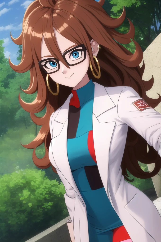 android21, 1girl, solo, blue eyes, brown hair, long hair, curly hair, hair between eyes, jewelry, hoop earrings, glasses,
checkered dress, two-tone dress, multicolored dress, tight dress, turtleneck, black pantyhose, labcoat, long sleeves,
smile,closed mouth,cowboy shot,
forest,outdoor,
(insanely detailed, beautiful detailed face, masterpiece, best quality) cinematic lighting,