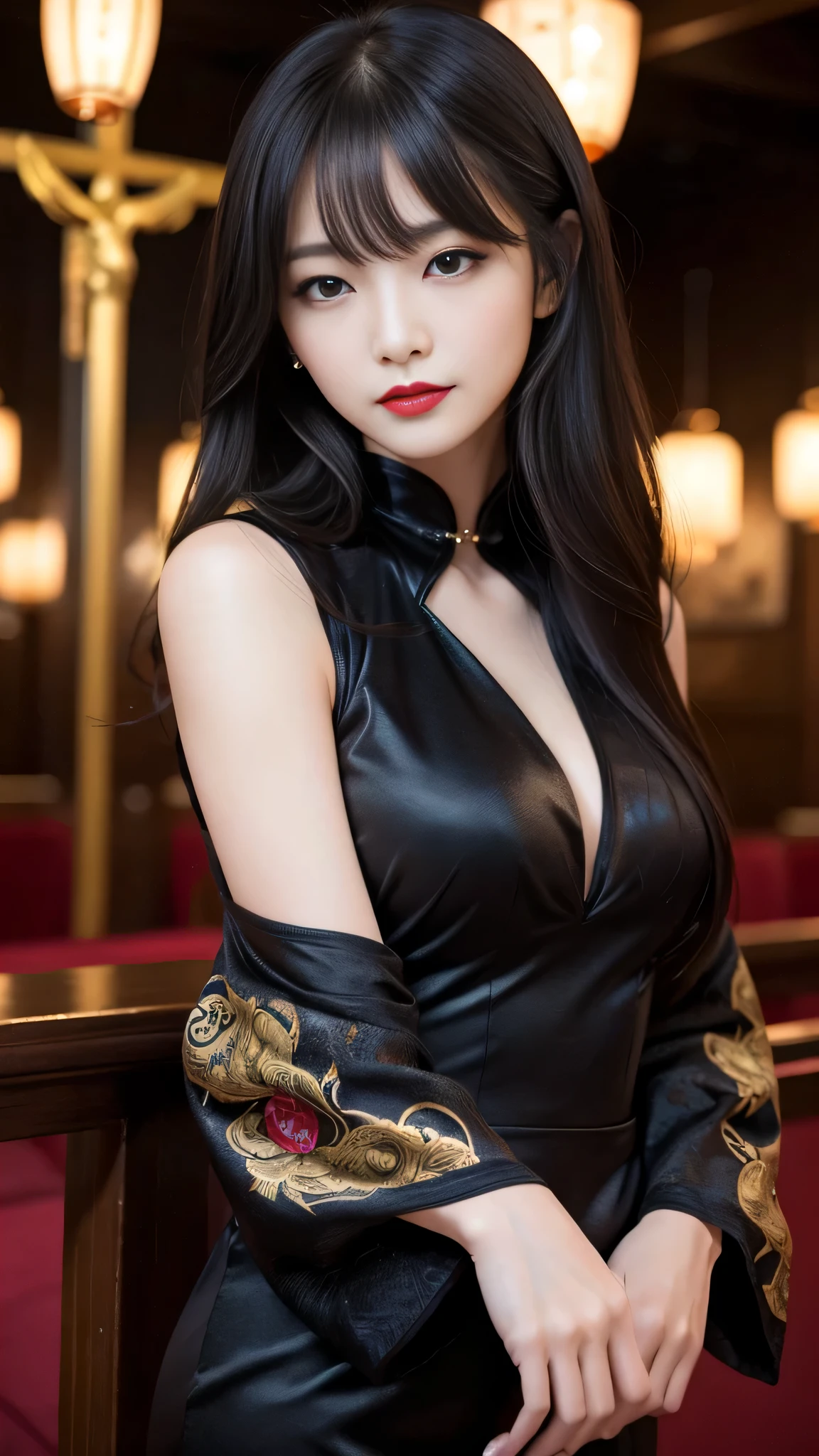 tra-detailed、Japanese、attractive beauty、seductive adult woman、pretty woman、piercing eyes、cool girl、wavy hair、swept bangs、Long Black and Gold Cheongsam、wide sleeves、Evil cadres、evil depravity、brainwash、mind control、lipstick、lip gloss、dark makeup、smirk、whisper in your ear、Evil expression、evil、hollow eyes,half-closed eyes、empty eyes、evil、church at night、vampire、succubus、vampire、Swear allegiance、sexy pose、bracelet
