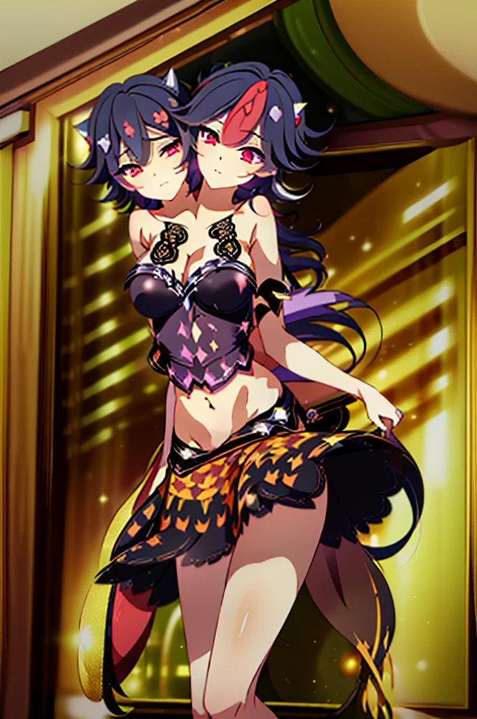(masterpiece, best quality), best quality, (ultra-detailed), (3heads:1.5), 1girl, (seija kijin:1.3), masterpiece, best quality, ultra quality, ultra resolution, ultra detail, white top, crop top, ((stomach)), midriff, ((groin)), white skirt, frilled skirt, miniskirt, ends in gray, red, and black spade patterns, normal ears, shackles, black hair with white highlights, very long hair, wavy hair, sidelocks, red eyes, parted lips, very detailed eyes, sweat, cute, toned belly, hand on own chest, eyelashes, (24 year old woman:1.3), (masterpiece:1.5), (best quality:1.5), (beautiful detailed), extremely detailed CG, extremely delicate and beautiful, depth of field, (finely detailed face), (perfect details:1.3), ( female:1.3), wide pelvis, slender, large veiny breastresolution, highres, high quality, high definition, extremely detailed, masterpiece, black hair with white highlights, long hair, alluring presence, twin braid, short skirt, close up, big tits, yo small, light blue horns, nsfw,