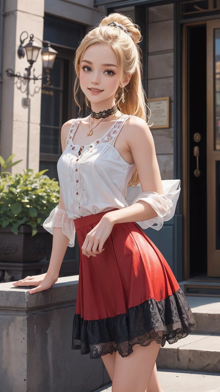 ((最high quality, 8K, masterpiece: 1.3, Ultra HD, high quality, 最high quality, High resolution, realism)) 、(high color saturation:1.0), (highly detailed skin), (最high quality:1.0), (超High resolution:1.0) ,(realistic:1.0), (Super detailed:1.0), (8K, Raw photo:1.1), slender、Slender, muscular body that's toned like an athlete's、I don't want my head to disappear from the screen.、Accessorize your wrist、Wearing red nail polish、I have a peticure、cinematic lighting, sparkle 、25 year old white woman、platinum blonde、long hair、blue eyes、hair above one eye、smile、Wear a lace choker、Wear a lace-decorated dress、flare skirt((flare skirt))wear、Stone apartment on New York's Upper West Side、Sit down on the steps at the entrance、smile((smile ))、Vision