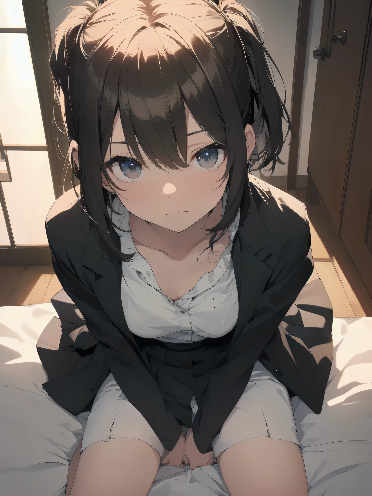 ultra-absurdres-Top quality by artist God, ultra-detailed, high resolution, anime moe artstyle, best anime 8k konachan wallpaper, pixiv contest winner, perfect anatomy,break, 1girl, (Please draw a in heat girl sitting on bed blush. )break,(solo, little female,13-year-old:1.3),Full limbs, complete fingers,a junior high school student, Attractiveness of immature bodies, (very short hair), short cut, flat chest, , small butt, small black eyes, beautiful detailed eyes, well-proportioned iris and pupils, expressive eyes, rutted eyes, highres detailed hair, blush, in heat, parted lip, school_uniform, white shirt, pleated skirt, sexual presenting,(Detailed Lighting), (Detailed background), in the love hotel room. break,super detailed skin, Best sexual lighting powered by famous artist, 8k,beauty illustration,photoshop_(medium),very aesthetic,break,((artist:fujiyama )), artist:akinashi_yuu ,artist:oyari_ashito ,artist:kantoku ,