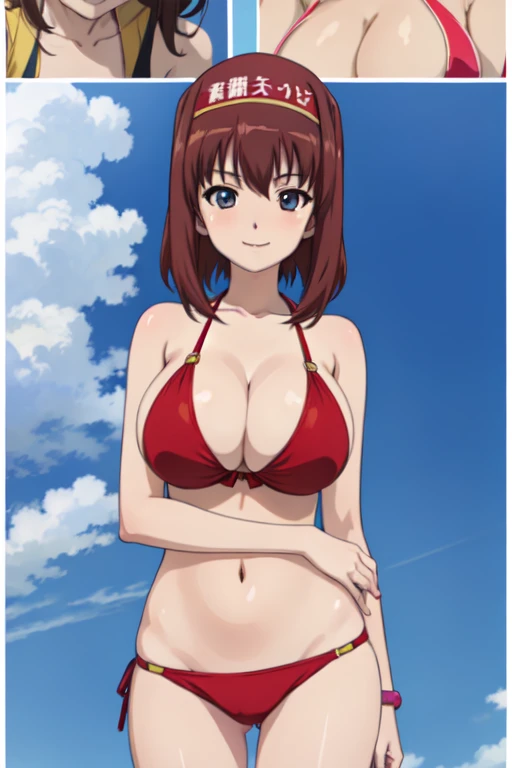 (anime cels style, best quality, high resolution, megami magazine, anime poster style, photorealistic), (beautiful eyes:1.2), kondou_taeko, 1girl, smile, medium hair, brown hair, brown eyes, (red hachimaki:1.5), (???????????), (red ??????), cowboy shot, (perfect detailed ???????, beautiful face, perfect body, perfect arms, shiny skin), sunshine, bluesky