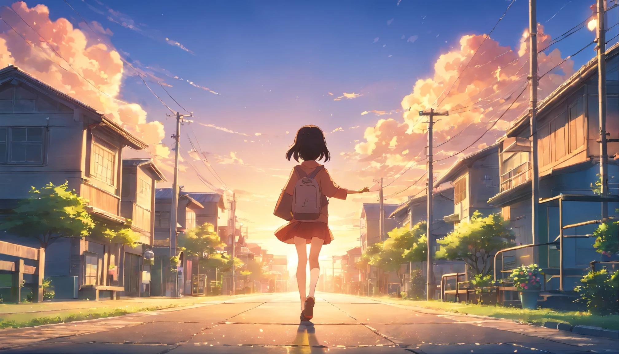 Elementary schools in Japan、ground、outdoor、building、 waving、raise your right hand、evening,7 year old elementary school student、Rear view、many children in the distance、Filled with fantastic and beautiful light。High quality down to the smallest detail。High resolution、4k