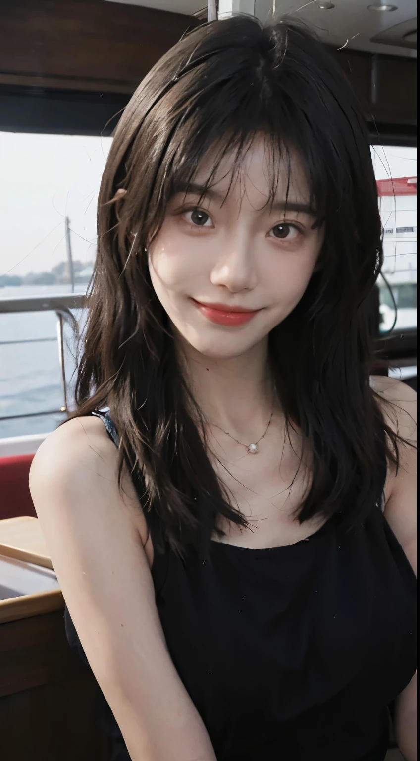 best quality，masterpiece，ultra high resolution，（realistically：1.4），1 girl，big wavy hair，double eyelids，A pair of peach blossom eyes，A big smile，pure，fair，Stunner，necklace，Lovely，Skin white and translucent，Looking directly at the viewer，on the yacht，full of atmosphere，pure，red dress：1.8，（upper part of body：1.4），There is light on the face, movie lighting，illustration, Very detailed，Level verbose, High resolution, Very detailed, best quality, masterpiece，Highly detailed facial and skin textures，surreal，Super real photos，Beautiful and delicate eyes，Very detailed CG unified 8k wallpaper，（masterpiece），（best quality），（Super detailed），（Super real photos），（Best character details：1.36）