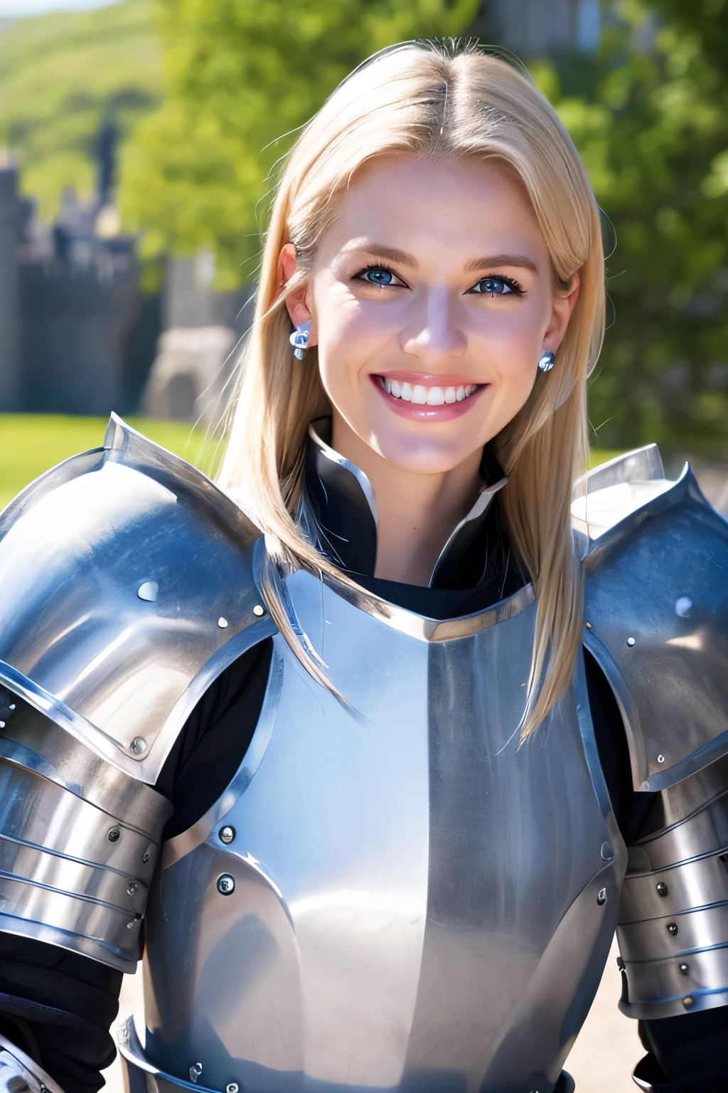 ８Ｋ、highest quality、female knight、The background is a castle、Luxurious Silver Armor、heavy equipment、hairstyle shortcut、smile、beautiful teeth、full body photo、ear piercing、blonde、white woman、blue eyes、

