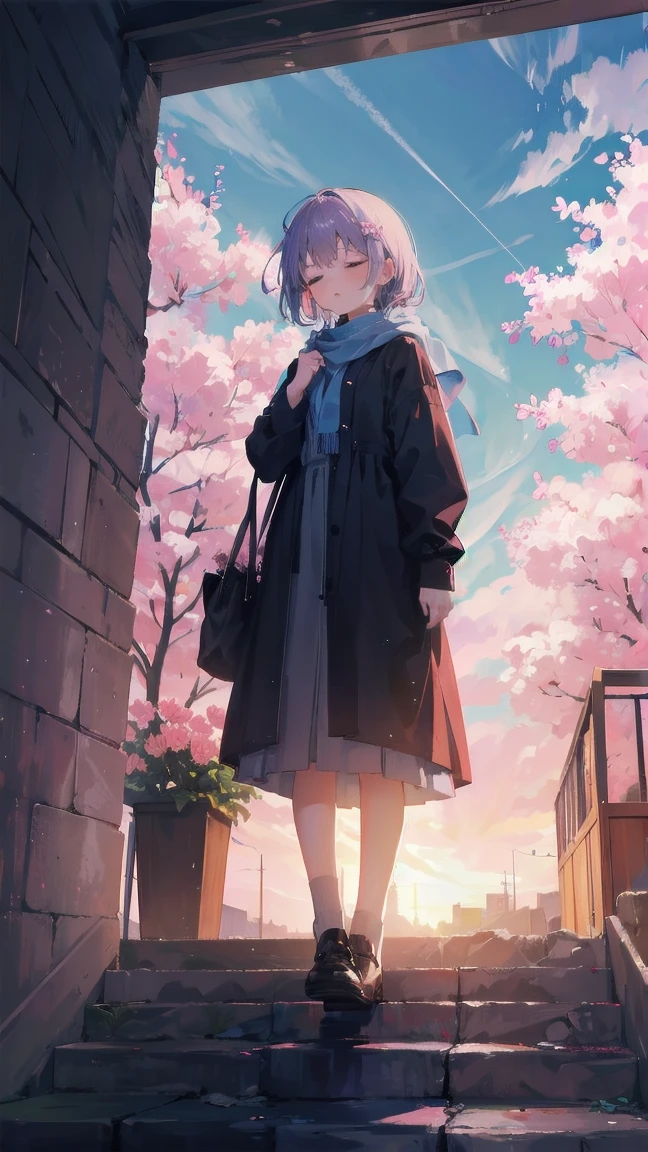 見上げるgirl シーン 1: Shadow of cherry blossoms at dusk A girl standing quietly with the sky behind her, Tinted Blue. 彼女の目の前にそびえ立つのはバベルのtowerと呼ばれる巨大な桜だ. shape, Like piercing the clouds, It'nice'Reaching the sky. girl'視線はCherry treeの頂上に向けられている.. tower, Bathed in the morning light, Creates a fantastic atmosphere. Cherry treeの表面には複雑な模様が刻まれている.. old-fashioned. girl seemed to sense something deep within the cherry blossoms.. Is it a memory of a classic story?、Or is it a longing for an unknown fantasy world??? Scene 2: Starry sky memories, Countless stars twinkle in the blue sky、少女はtowerの頂上に立つ. At her feet, The city lights shine like jewels. girl closes her eyes and takes a deep breath. 春風の匂いとtowerの古い匂いが混じる. girl'A famous story played out in my head.. girl read a story of adventure and friendship.。 . The main character of the story, girlのように, バベルのtowerに登りました. There, She met her friends、Overcoming various difficulties. one day、The girl had a dream。, Like the main character, I'Go on an adventure. Scene 3: 朝焼けの約束 朝日の光がtowerを照らす頃、少女はtowerを出た. Please think back, towerは朝日に輝いて神々It even seemed. 少女はいつかまたこのtowerに登ると決めた. And she, She vows to tell the rest of the story. step by step, girl walked into the future,Cherry tree,Scattering cherry blossoms