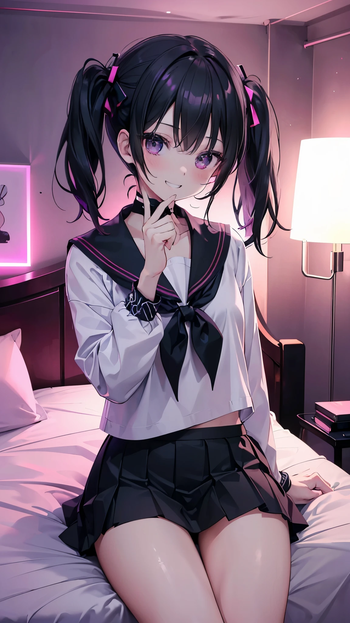 (8K、Highest image quality、highest quality、masterpiece)、detailed face、1 girl、black hair、short twintails、gray eyes、evil smile、((grin))、((small breasts))、((serafuku))、((miniskirt))、cowboy shot、sit on the bed、indoor、pink lighting、night、pnkr、((dark room:1.3))
