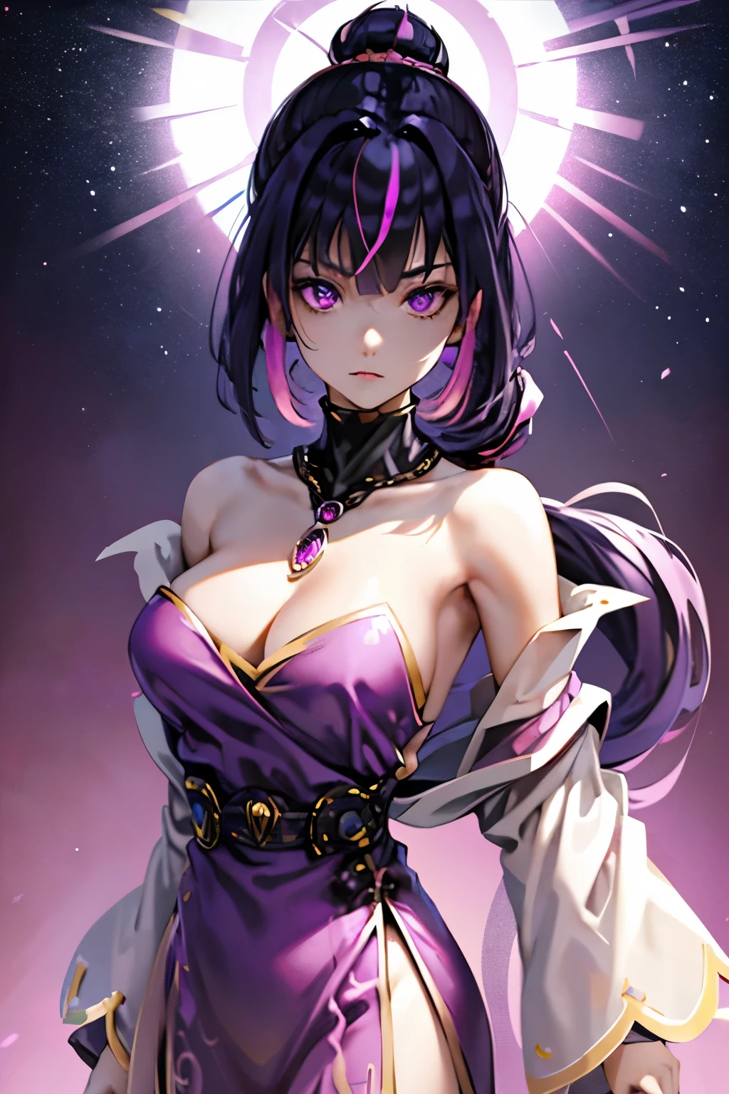 Vampire Queen Small Breast Combat Dress ( Radiant Royal Cloak: 1.1) Black and Purple Color Sexy Devil Aura Original Character Masterpiece Tempting Purple Eyes (Multicolor High Ponytail 1:1.2) Purple Gemstone Accessories Gold Belt, Gold Necklace, Wind Evil Effect, Soft Moonlight , extremely delicate beautiful eyes, depression but arrogant eyes, unique crown, (Corruption Tattoo 1;1.25), naughty face, 16k wallpaper style, gorgeous, bare shoulders, cute, petite, solo , stars, stardust, (iridescent hair, colorful hair, half purple and half pink hair: 1.2), (left eye purple and right eye golden), wet body detailed, creative, charming, killing scenario, floating effect, magical, mythic, legend, seducing body, attractive, idol, blue print, character design sheet