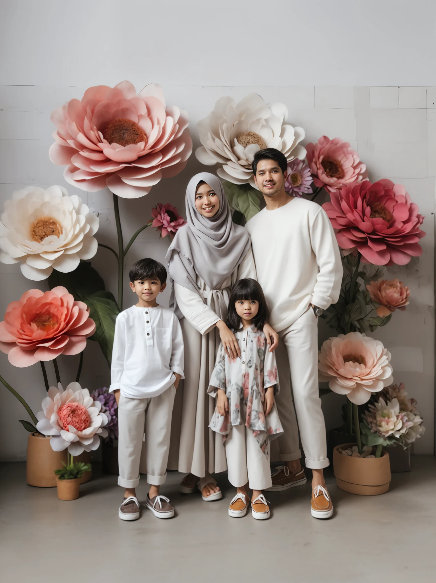there are two adults and two children standing in front of a flower wall, barong family, an indonesian family portrait, happy family, family portrait, full protrait, by Basuki Abdullah, full body photogenic shot, family photography, inspired by Nazmi Ziya Güran, inspired by Fathi Hassan, inspired by Shaddy Safadi, portrait photo of a backdrop