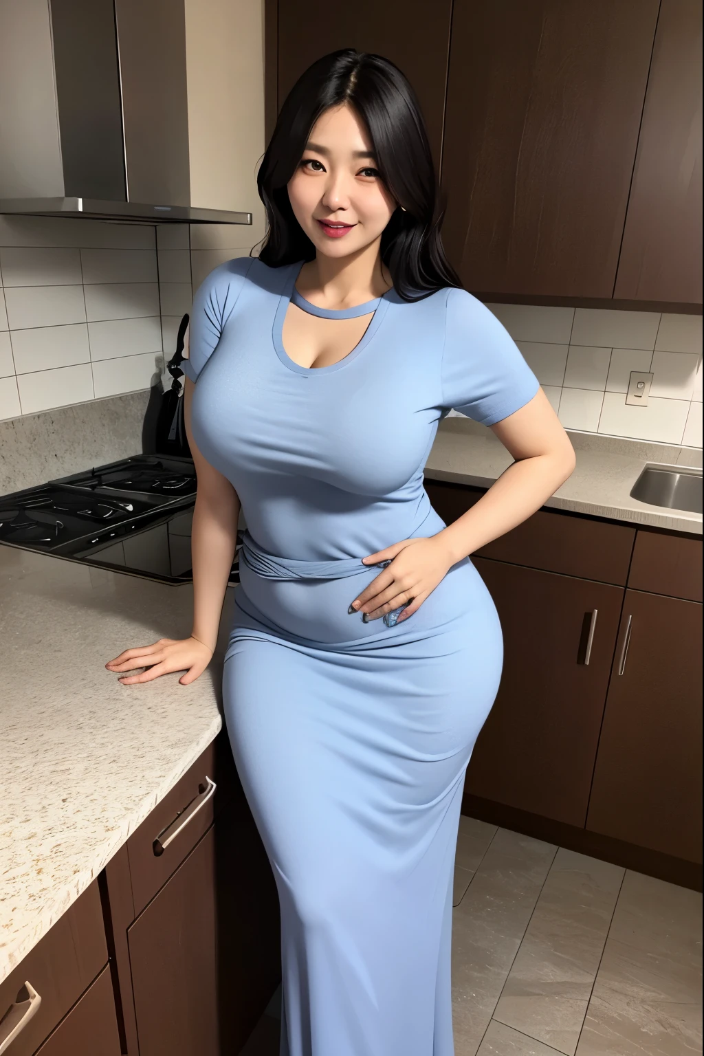 Beautifull, aunty, japanese, maxi knit dress, sexual expression, in the kitchen, voluptuous,