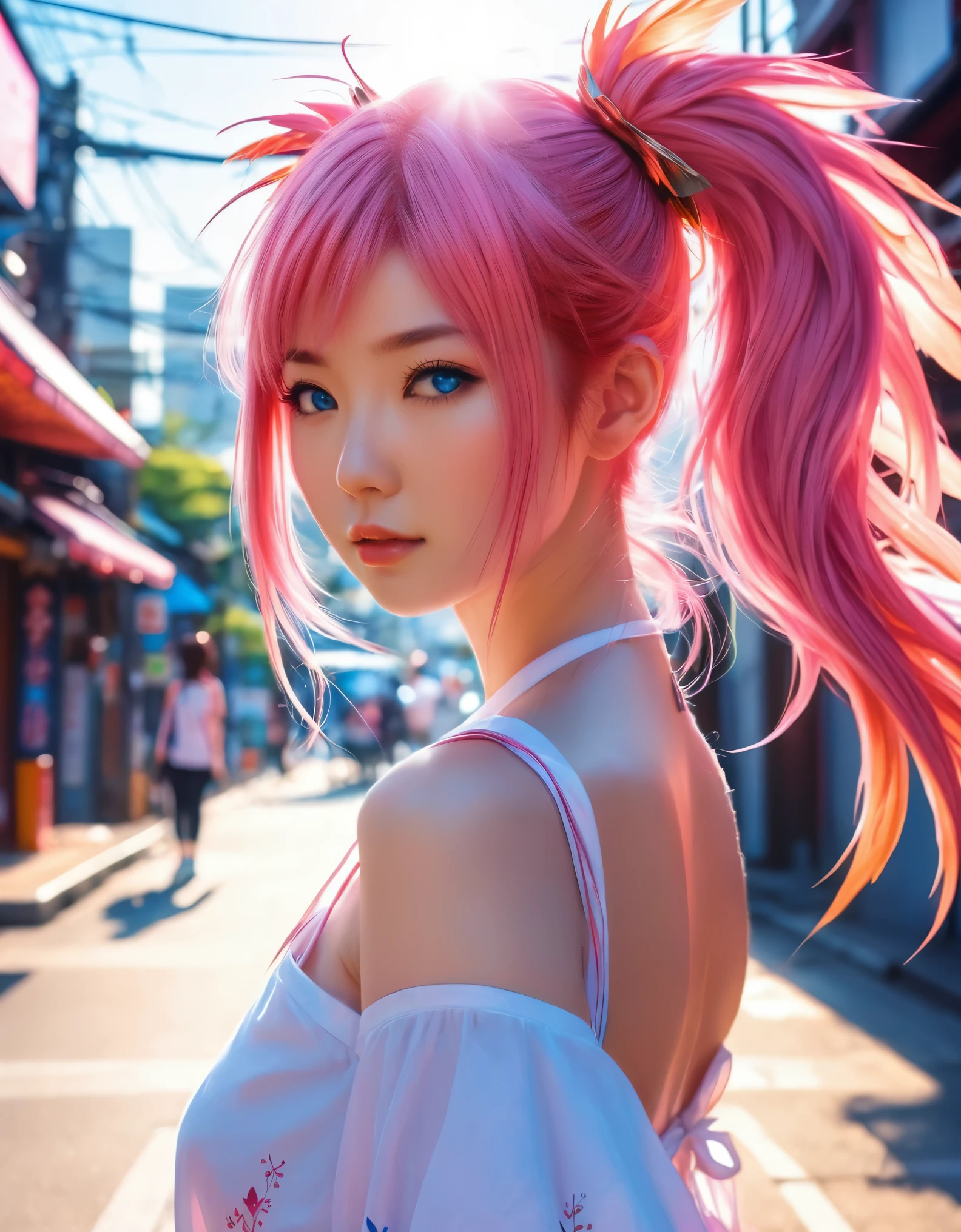 a woman that is standing in the street, photo realistic, inspired by Torii Kiyomoto, pixiv contest winner, magical realism, pink twintail hair and blue eyes, hot with shining sun, magic , ''wallpaper of a phoenix