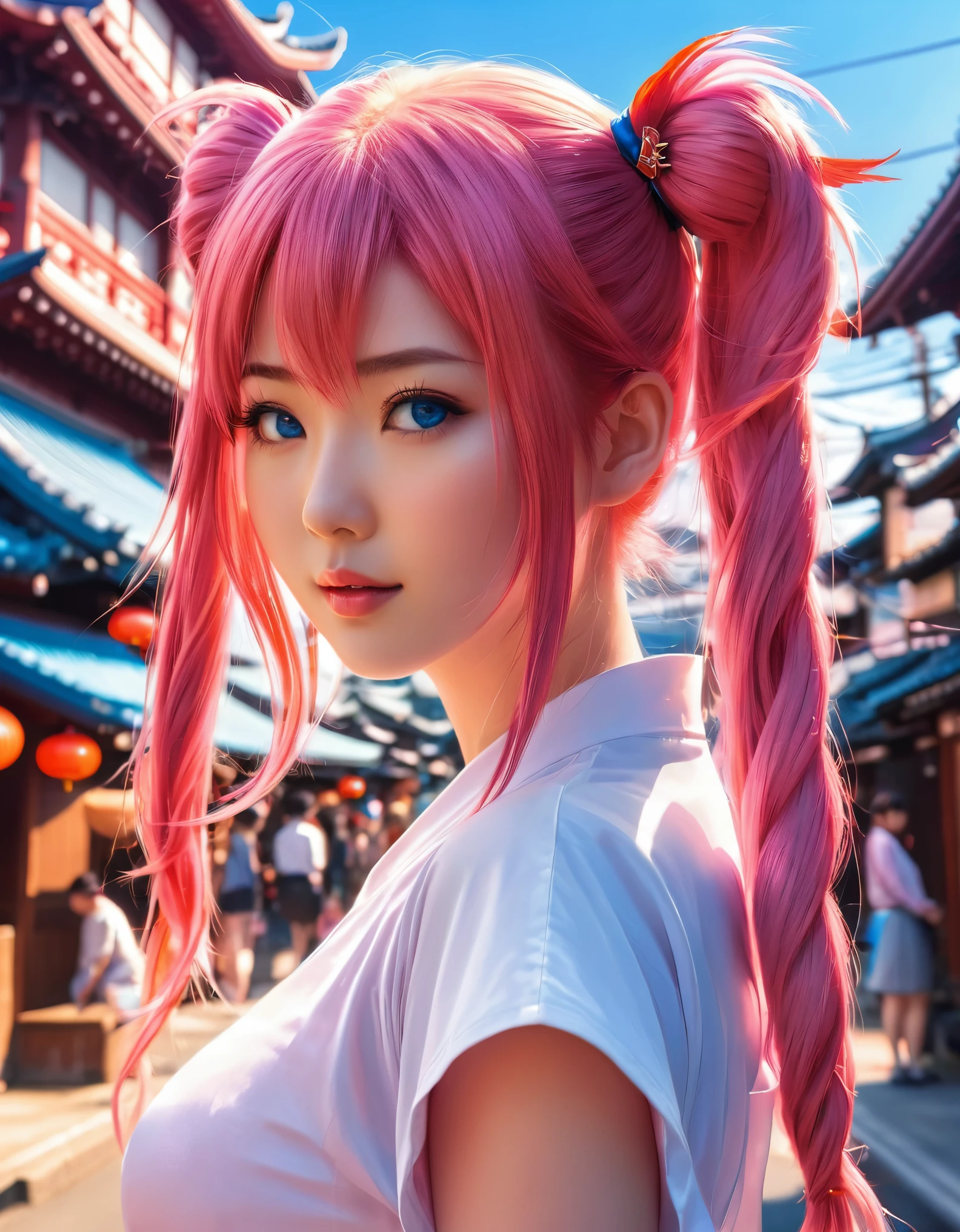 a woman that is standing in the street, photo realistic, inspired by Torii Kiyomoto, pixiv contest winner, magical realism, pink twintail hair and blue eyes, hot with shining sun, magic , ''wallpaper of a phoenix