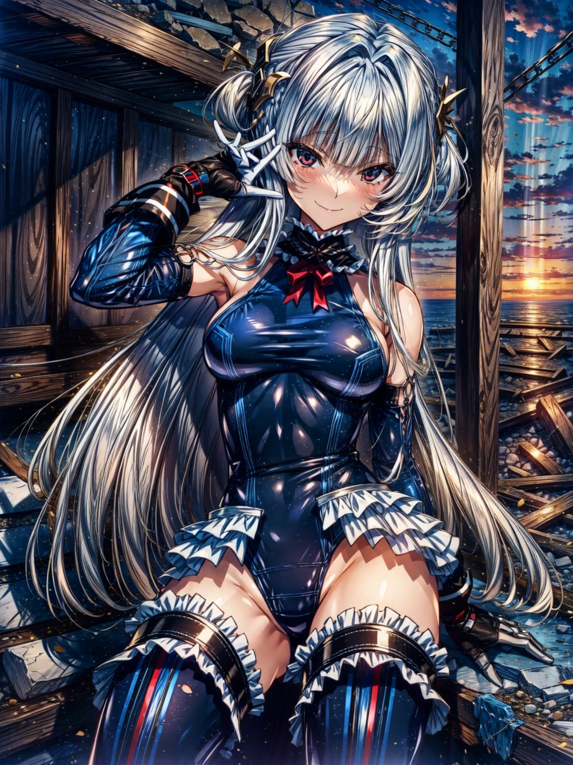 perfect anatomy, highest quality, marirose,evil smile,provocative attitude
,(Girls greet dawn on top of a pile of rubble:1.1),evil smile,anime style,(Torn frill swimsuit:1.7, Thighhighs, removed sleeve), (anime style:1.4) ,
silver hair,(White fingers:1.1,black gloves),very long hair,evil aura,Rape Eye,Torn costume:1.9,Put a collar with a chain on your hand,(nsfw)