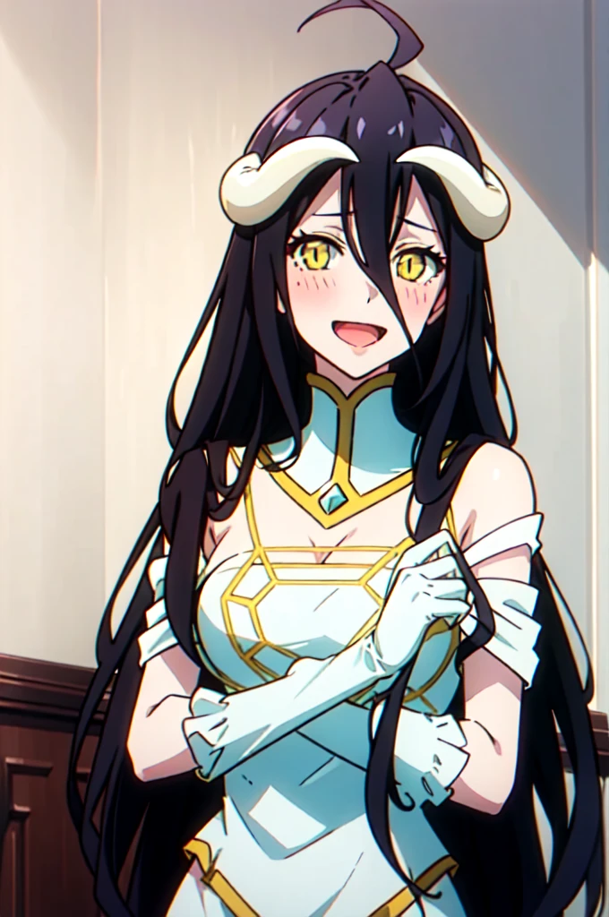 albedow, medium breasts, long black hair, yellow eyes, white dress, white elbow gloves, looking at viewer, :d, blush, saliva, upper body