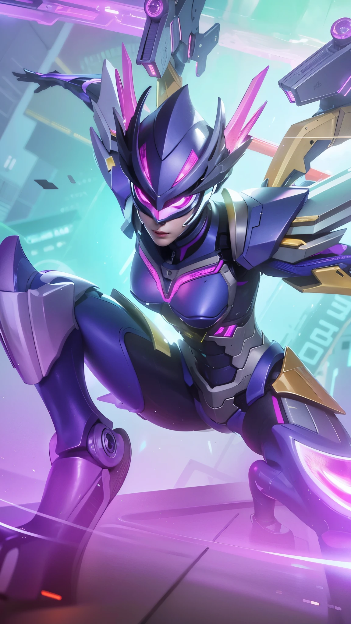 a close up of a robot with a purple and yellow costume, 8k, ultra hd, ultra detailed texture, hyper realistic, masterpiece, detailed texture, detailed face, detailed skin, detailed lighting, (photorealistic:1.5), best quality, beautiful lighting, cinematic lighting, professional lighting, ultra highres, realistic, detailed hair, real hair, high quality, (realskin:1.5), extremely detailed, finely detail, ultra-detailed.