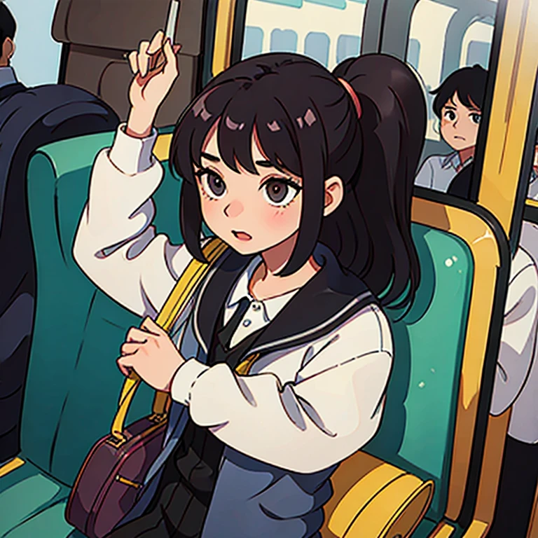 Girl STANDING IN BUS FULL OF MANY PASSENGERS