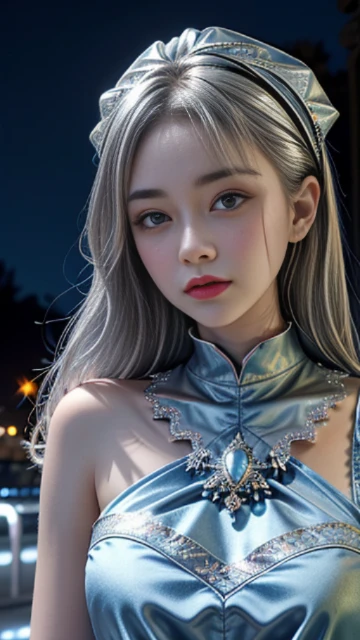 (8k, masterpiece, best quality), ultra-detailed, detailed beautiful round eyes, beautifully detailed face, high quality, high resolution, 1 girl, medium breast, (blue silver cloth:1.5), (bare waist:1.2), nighttime, night garden background,