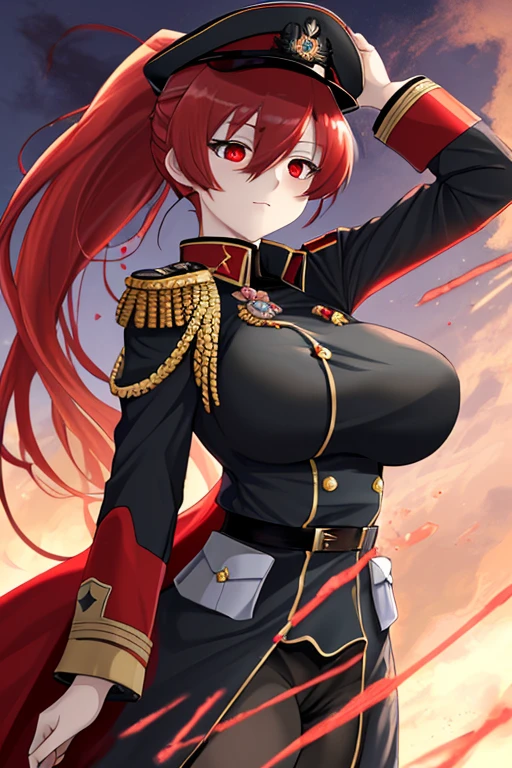 Resolution of Reason，High resolution，Masterpiece 1.4，super beautiful，8 life size，Second World War，Wearing German military uniform，red eyes，red long hair，ponytail，big breasts，clear eyes，不Resolution of Reason，High resolution，Masterpiece 1.4，super beautiful，Wearing a military cap，body hidden by clothes，long coat，8 life size，get closer to the camera，red eyes，red long hair，ponytail，big breasts，kind face，battlefield background，
