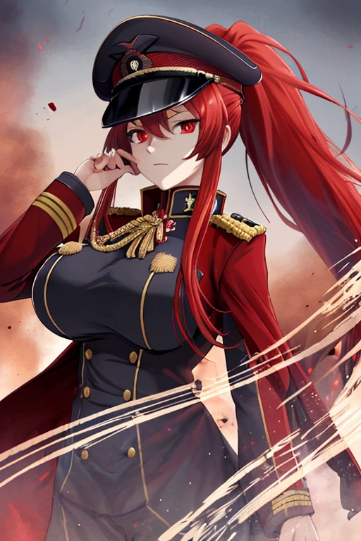 Resolution of Reason,High resolution,Masterpiece 1.4,super beautiful,8 life size,Second World War,Wearing German military uniform,red eyes,red long hair,ponytail,big breasts,clear eyes,不Resolution of Reason,High resolution,Masterpiece 1.4,super beautiful,Wearing a military cap,body hidden by clothes,long coat,8 life size,get closer to the camera,red eyes,red long hair,ponytail,big breasts,kind face,battlefield background,