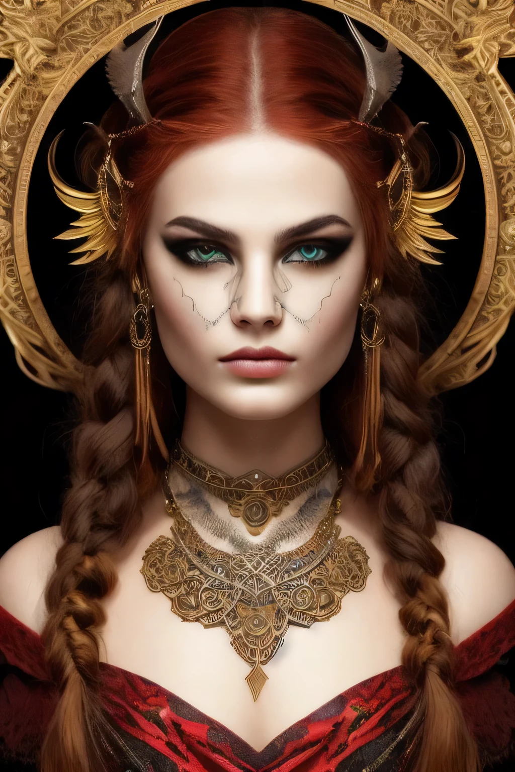 Captivating and detailed portrayal of a Viking girl., decorated with the spirit of military courage. Her fiery red hair cascades down her back., framing her emerald steampunk outfit, exuding an aura of mystery and power. Her face is marked with distinctive tattoos., Each black line tells a unique story. her piercing, the gaze is emphasized by a bold, special black line on each eye. Frontal view of her face ((Best quality)) is a masterpiece, revealing her fierce determination and indomitable spirit, like straight out of a mythological saga. This is superbly reproduced., highly detailed digital image in 8