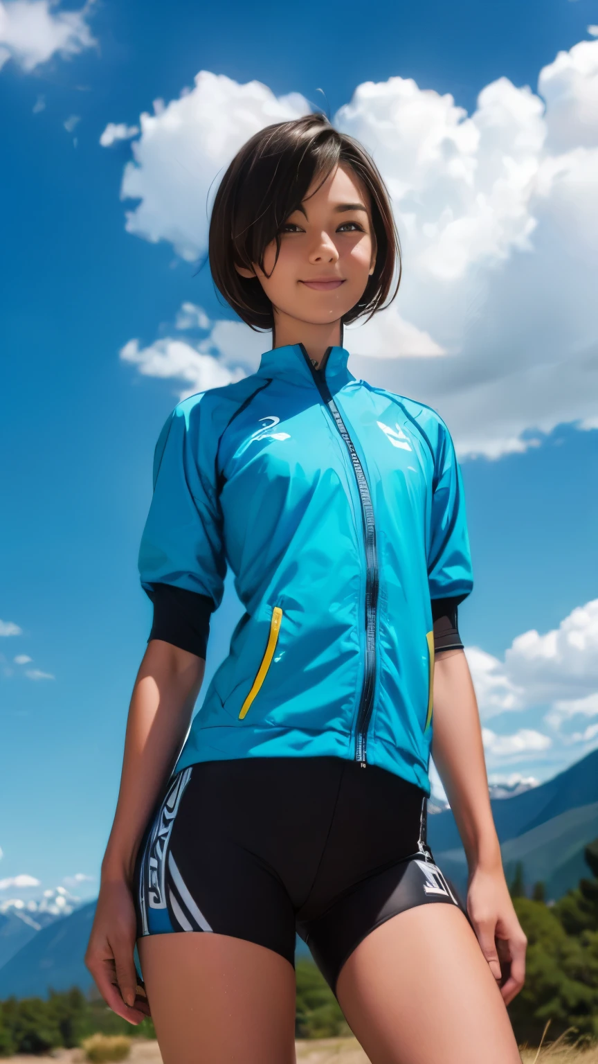 (girl, , same height :1.2) ,masterpiece,Mountain Bike,Cycling enthusiasts,beautiful girl,Professional clothing,Blue sky and white clouds,8K, 日本のgirl , (Smile:0.7), Smile, very short hair , camel toe, (High color saturation:1.0), (highly refined skin), (best quality:1.0), (ultra high resolution:1.0) ,(actual:1.0), (super detailed:1.0), (8K, original photo:1.1)