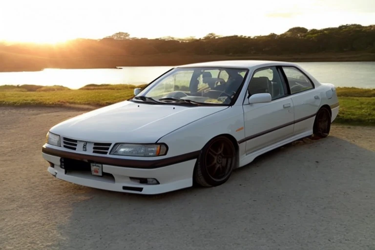 carro branco arafed estacionado em uma estrada de terra perto de um lago, Da noite, muito triste c 12.0, - s 1 5 0, Nostalgia dos anos 90, full view of a car, nostalgia dos anos noventa, Peugeot Prestige, low sunset, toyota cresta, 1996, 1 9 9 6, final dos anos 90, car on sale