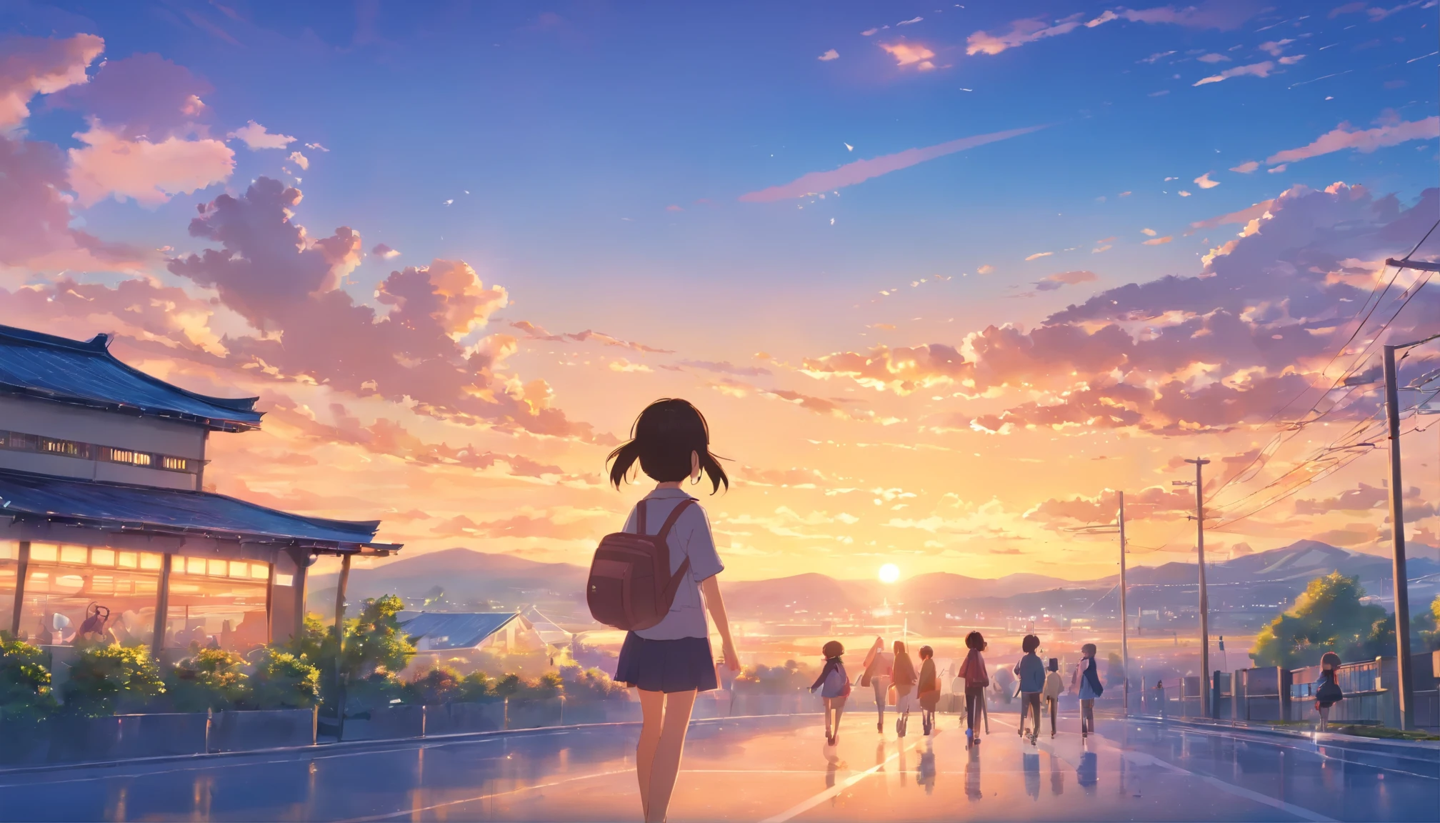 
Elementary schools in Japan、ground、outdoor、 waving、raise your right hand、evening，7 year old elementary school student、Rear view、many children in the distance、Filled with fantastic and beautiful light。High quality down to the smallest detail。High resolution、4k