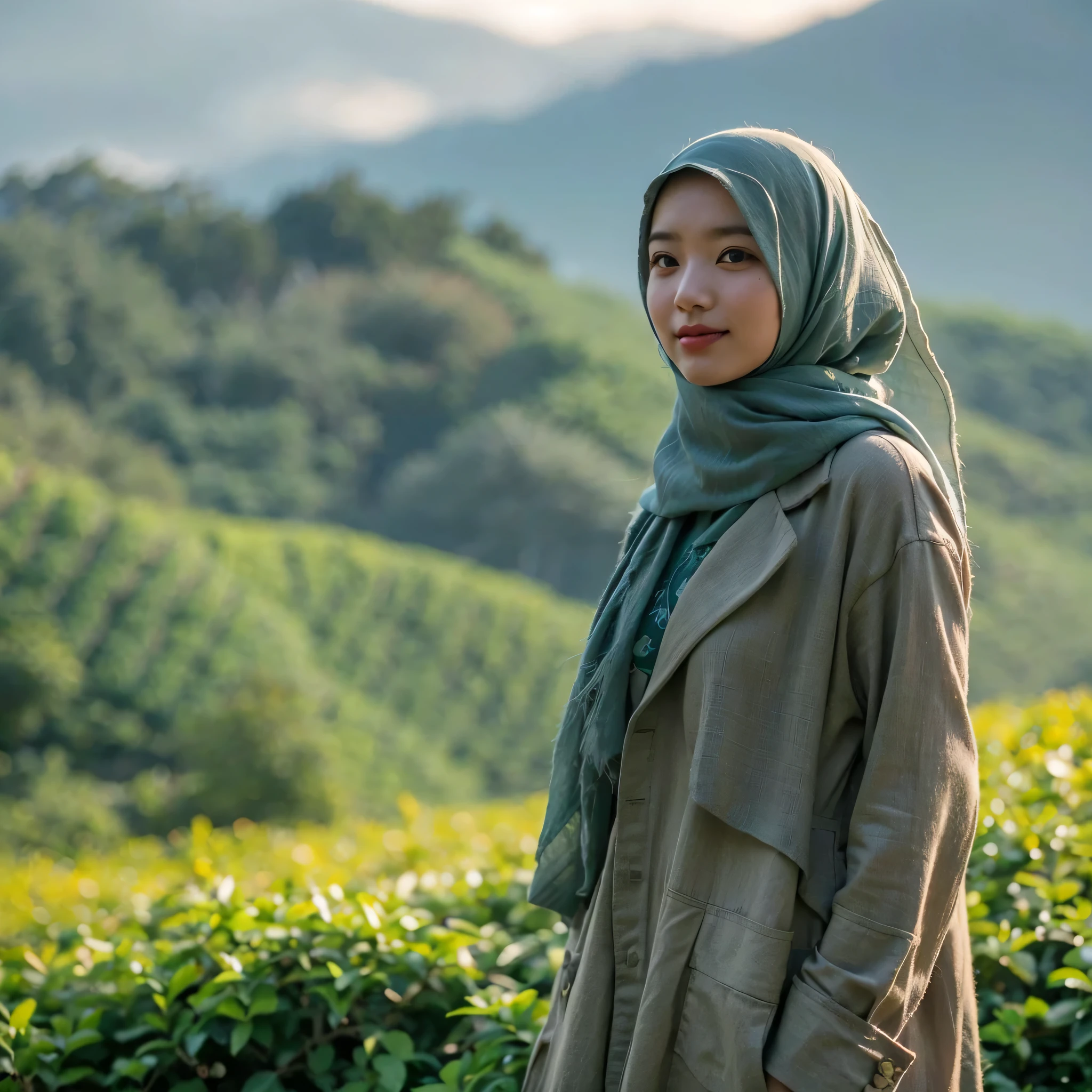 20s asian beuaty woman natural white skin walking at an outdoor tea garden on a breezy spring day,wearing hijab , casual fashion style with pastel color .Bright sunlight streams between the trees delicate vines, casting wavering shadows on the woman's face . The natural view from the top of the hill adds to the beautiful impression ,tea garden,wind blows , enjoying the cool atmosphere of the tea garden around her and the light breeze ruffling her hair, sharp focus, graceful smile , graceful pose , high-quality , exotic , vibrant, tranquil , Canon EOS 6D Mark III , long shot ( wide shot ) , ultra detail mountain background , ultra detail tea garden , hight resolution ,
