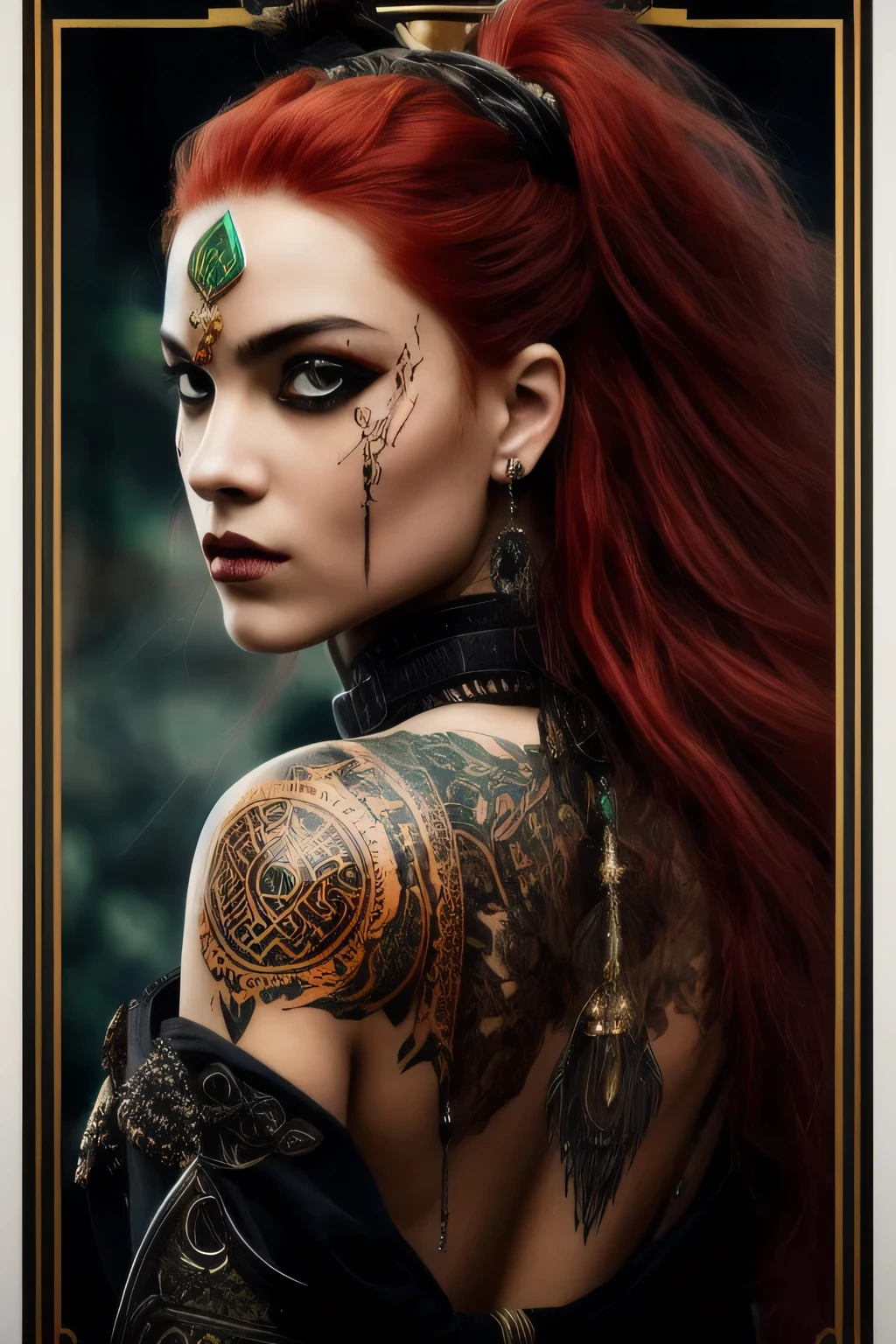 Captivating and detailed portrayal of a Viking girl., decorated with the spirit of military courage. Her fiery red hair cascades down her back., framing her emerald steampunk outfit, exuding an aura of mystery and power. Her face is marked with distinctive tattoos., Each black line tells a unique story. her piercing, the gaze is emphasized by a bold, special black line on each eye. Frontal view of her face ((Best quality)) is a masterpiece, revealing her fierce determination and indomitable spirit, like straight out of a mythological saga. This is superbly reproduced., highly detailed digital image in 8