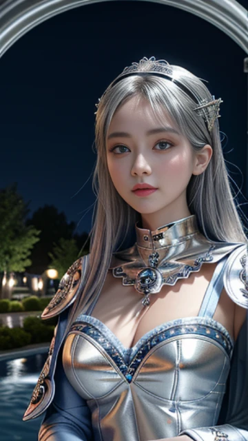 (8k, masterpiece, best quality), ultra-detailed, detailed beautiful round eyes, beautifully detailed face, high quality, high resolution, 1 girl, medium breast, (blue silver cloth:1.5), (bare waist:1.2), nighttime, night garden background,