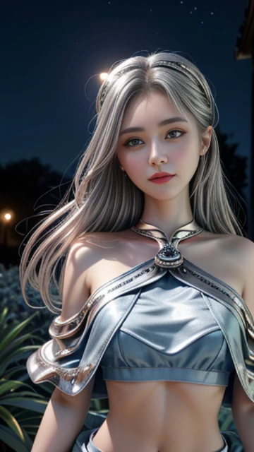 (8k, masterpiece, best quality), ultra-detailed, detailed beautiful round eyes, beautifully detailed face, high quality, high resolution, 1 girl, medium breast, (blue silver cloth:1.5), (bare waist:1.2), nighttime, night garden background,