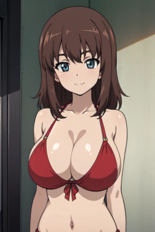 (anime cels style, best quality, high resolution, megami magazine, anime poster style, photorealistic), (beautiful eyes:1.2), kondou_taeko, 1girl, smile, medium hair, brown hair, brown eyes, (long red hair ribbon), (huge breast), (red bikini), cowboy shot, (perfect detailed anatomy, beautiful face, perfect body, perfect arms, shiny skin), sunshine, bluesky