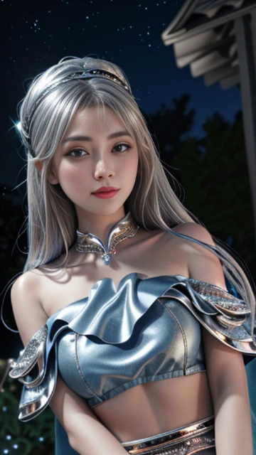 (8k, masterpiece, best quality), ultra-detailed, detailed beautiful round eyes, beautifully detailed face, high quality, high resolution, 1 girl, medium breast, (blue silver cloth:1.5), (bare waist:1.2), nighttime, night garden background,