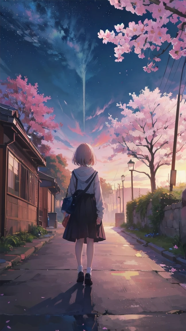 Girl looking up scene 1: Shadow of the cherry blossoms at dusk A girl stands quietly with the sky behind her, Dyed azure. 彼女の目の前にそびえ立つのはバベルのtowerと呼ばれる巨大な桜だ. The Shape, Like piercing the clouds, It&#39;s like it&#39;s reaching the sky. The girl&#39;s gaze is directed towards the top of the cherry tree.. tower, Enveloped in the darkness of the evening, Creates a fantastic atmosphere. The surface of the cherry tree has intricate patterns engraved on it.. Old-fashioned. The girl seemed to sense something deep within the cherry blossoms.. Is it a memory of a classic story?、Or is it a longing for an unknown fantasy world?? Scene 2: star空の記憶 night skyに無数のstarが瞬く中、少女はtowerの頂上に立つ. At her feet, The city lights shine like jewels. The girl closes her eyes and takes a deep breath. 夜風の匂いとtowerの古い匂いが混じる. The girl&#39;s mind replayed a famous story. The girl read a story of adventure and friendship.。 . The main character of the story, Like a girl, バベルのtowerに登りました. There, She met her friends、Overcoming various difficulties. One day the girl had a dream。, Like the main character, I&#39;ll go on an adventure. Scene 3: 朝焼けの約束 朝日の光がtowerを照らす頃、少女はtowerを出た. think back, towerは朝日に輝いて神々It even seemed. 少女はいつかまたこのtowerに登ると決めた. And she, She vows to tell the rest of the story. step by step, The girl walked into the future,Cherry blossom trees,Fluttering cherry blossoms,night sky,milky way,star