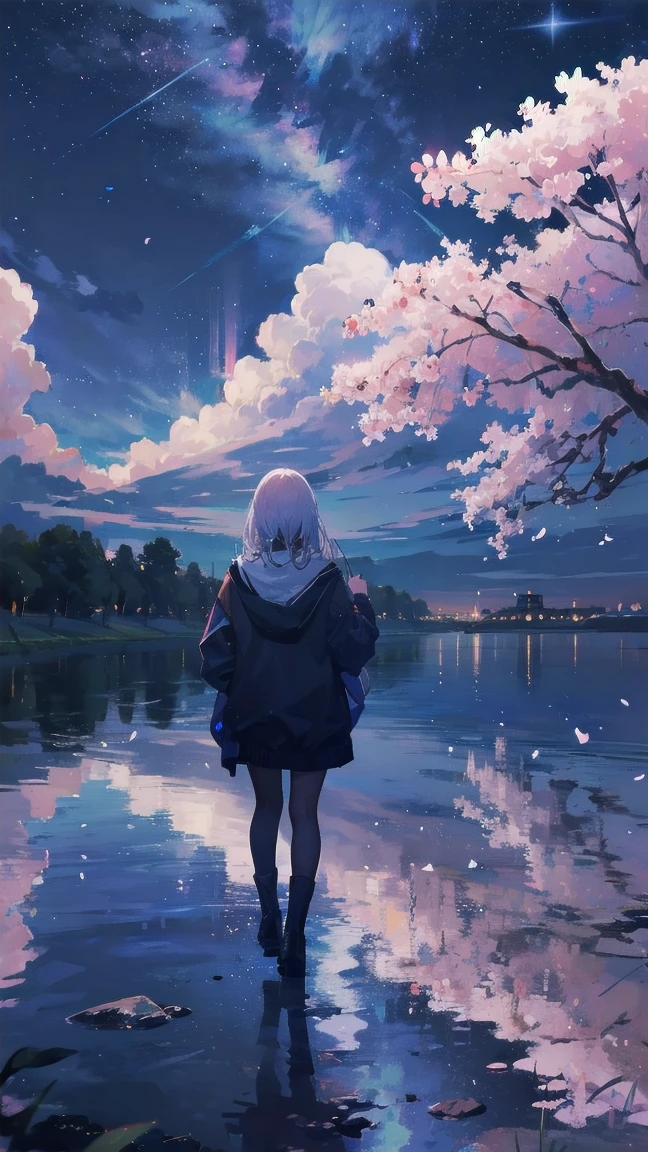 Girl looking up scene 1: Shadow of the cherry blossoms at dusk A girl stands quietly with the sky behind her, Dyed azure. 彼女の目の前にそびえ立つのはバベルのtowerと呼ばれる巨大な桜だ. The Shape, Like piercing the clouds, It's like it's reaching the sky. The girl's gaze is directed towards the top of the cherry tree.. tower, Enveloped in the darkness of the evening, Creates a fantastic atmosphere. The surface of the cherry tree has intricate patterns engraved on it.. Old-fashioned. The girl seemed to sense something deep within the cherry blossoms.. Is it a memory of a classic story?、Or is it a longing for an unknown fantasy world?? Scene 2: star空の記憶 night skyに無数のstarが瞬く中、少女はtowerの頂上に立つ. At her feet, The city lights shine like jewels. The girl closes her eyes and takes a deep breath. 夜風の匂いとtowerの古い匂いが混じる. The girl's mind replayed a famous story. The girl read a story of adventure and friendship.。 . The main character of the story, Like a girl, バベルのtowerに登りました. There, She met her friends、Overcoming various difficulties. One day the girl had a dream。, Like the main character, I'll go on an adventure. Scene 3: 朝焼けの約束 朝日の光がtowerを照らす頃、少女はtowerを出た. think back, towerは朝日に輝いて神々It even seemed. 少女はいつかまたこのtowerに登ると決めた. And she, She vows to tell the rest of the story. step by step, The girl walked into the future,Cherry blossom trees,Fluttering cherry blossoms,night sky,milky way,star