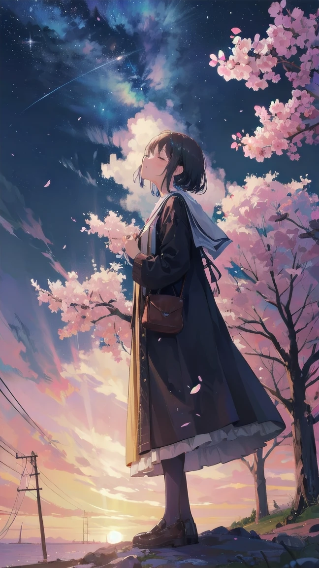 Girl looking up scene 1: Shadow of the cherry blossoms at dusk A girl stands quietly with the sky behind her, Dyed azure. 彼女の目の前にそびえ立つのはバベルのtowerと呼ばれる巨大な桜だ. The Shape, Like piercing the clouds, It's like it's reaching the sky. The girl's gaze is directed towards the top of the cherry tree.. tower, Enveloped in the darkness of the evening, Creates a fantastic atmosphere. The surface of the cherry tree has intricate patterns engraved on it.. Old-fashioned. The girl seemed to sense something deep within the cherry blossoms.. Is it a memory of a classic story?、Or is it a longing for an unknown fantasy world?? Scene 2: star空の記憶 night skyに無数のstarが瞬く中、少女はtowerの頂上に立つ. At her feet, The city lights shine like jewels. The girl closes her eyes and takes a deep breath. 夜風の匂いとtowerの古い匂いが混じる. The girl's mind replayed a famous story. The girl read a story of adventure and friendship.。 . The main character of the story, Like a girl, バベルのtowerに登りました. There, She met her friends、Overcoming various difficulties. One day the girl had a dream。, Like the main character, I'll go on an adventure. Scene 3: 朝焼けの約束 朝日の光がtowerを照らす頃、少女はtowerを出た. think back, towerは朝日に輝いて神々It even seemed. 少女はいつかまたこのtowerに登ると決めた. And she, She vows to tell the rest of the story. step by step, The girl walked into the future,Cherry blossom trees,Fluttering cherry blossoms,night sky,milky way,star
