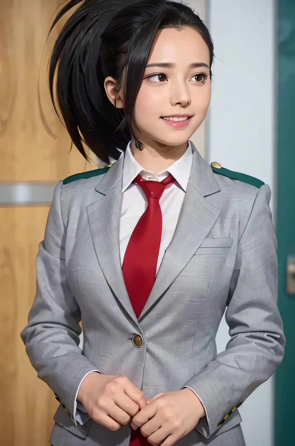 highest quality、4k、masterpiece、highly detailed eyes、super detailed、1 girl、solo、my hero academia、Million、very delicate、8k、smile、whole body、perfect human structure、smile、whole body、Yuei High 、gray jacket、red tie、inside the school、ponytail