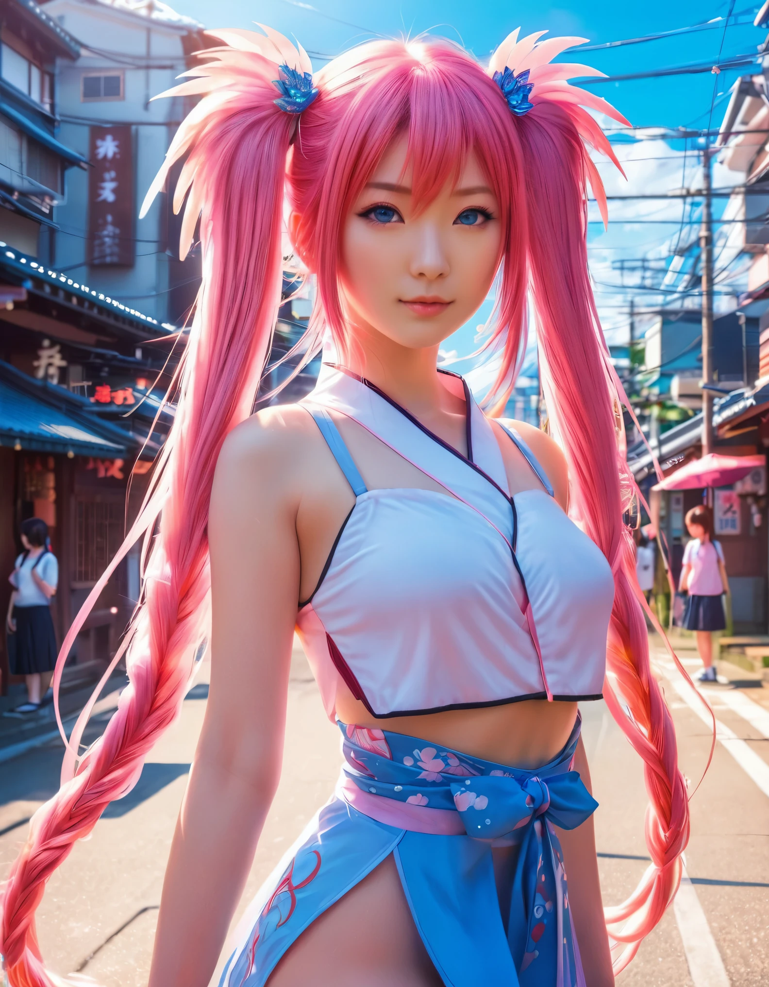 a woman that is standing in the street, photo realistic, inspired by Torii Kiyomoto, pixiv contest winner, magical realism, pink twintail hair and blue eyes, hot with shining sun, magic , ''wallpaper of a phoenix,m (full body:1.5)
