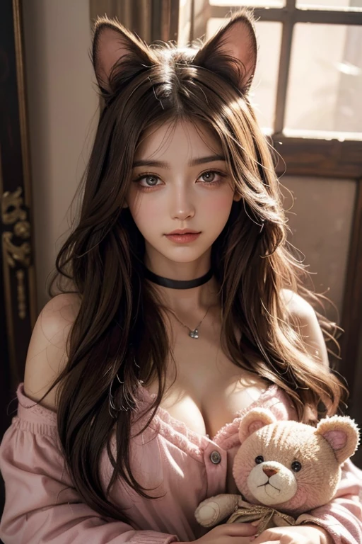 highres,realistic,portrait,artistic,woman,non-human,cat ears,[white:0.9],pink eyes,painted detailed face,[long hair],[holding a teddy bear],[choker with heart pendant],soft lighting,subtle blush,gentle smile,whimsical background