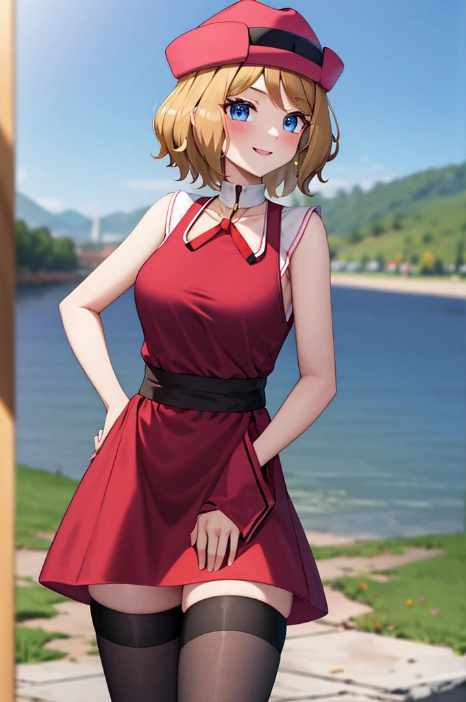 masterpiece, best quality, highres, serena \(pokemon\), short hair, blue eyes, 1girl, solo, blue ribbon, eyelashes, black thighs, neck ribbon, sleeveless, bangs, collarbone, bare arms, pink dress, red coat, pink hat, outdoor, standing by a lake, blushing, smile, long stockings, black stockings, mid-thigh stockings, medium-sized female breasts,  Neckline, detailed background, background of great details.