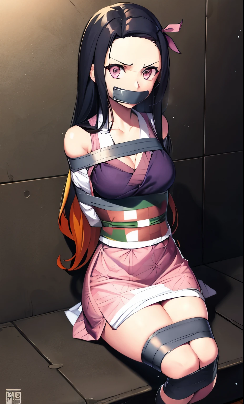 Nezu furnace, Nezuko Kamado, (bit gag:1.5), Black hair, (Forehead:1.5),illustration,Hair Ribbon, Long hair, multicolored hair, (Pink eyes:1.5), Orange hair, Slit pupils, Wavy Hair, Two-tone hair,
Break asa is not (Pattern), Checkered sash, haori, Long sleeves, wariza,  Wide sleeves,
BREAK looking at viewer,
BREAK (masutepiece:1.2), Best Quality, High resolution, Unity 8k wallpaper, (Illustration:0.8), (Beautiful detailed eyes:1.6), extra detailed face, Perfect Lighting, extremely details CG, (Perfect hands, Perfect Anatomy),Retreat,masterpiece, solo, 1girl, front view, perfect face, 1girl, portrait, expressive eyes, solo, Female, perfect hands, pale skin, friendly, excited, Long Hair, Multicolored Hair, medium Bust,  half body, perfect anatomy, hands in pockets, anatomically correct, covered chest, exposed shoulder, bound, bondage, (arms behind back:1.4), bdsm, tape gag, tape, tape bondage, restrained, tape wrapped, wrap gag, bondage, taped wrists, taped breasts, taped mouth, taped elbows, taped forearms,taped legs,paired legs
Break indoors,sitting,(knees bent),sit on floor, 1girl, cleavage, black hair,  handkerchief