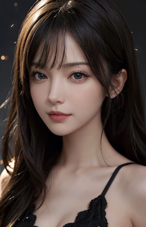 (surreal), (figure), (Improved resolution), (8K), (very detailed), (Best figure), (beautiful and detailed eyes), (highest quality), (super detailed), (masterpiece ), ( wallpaper), (detailed face), alone, 1 girl, looking at the viewer, small details, detailed face, in the dark, deep shadow, discreet key, Pure erotic face ace_V1, smile, long hair, black shawl straight hair , 46 point diagonal bangs
