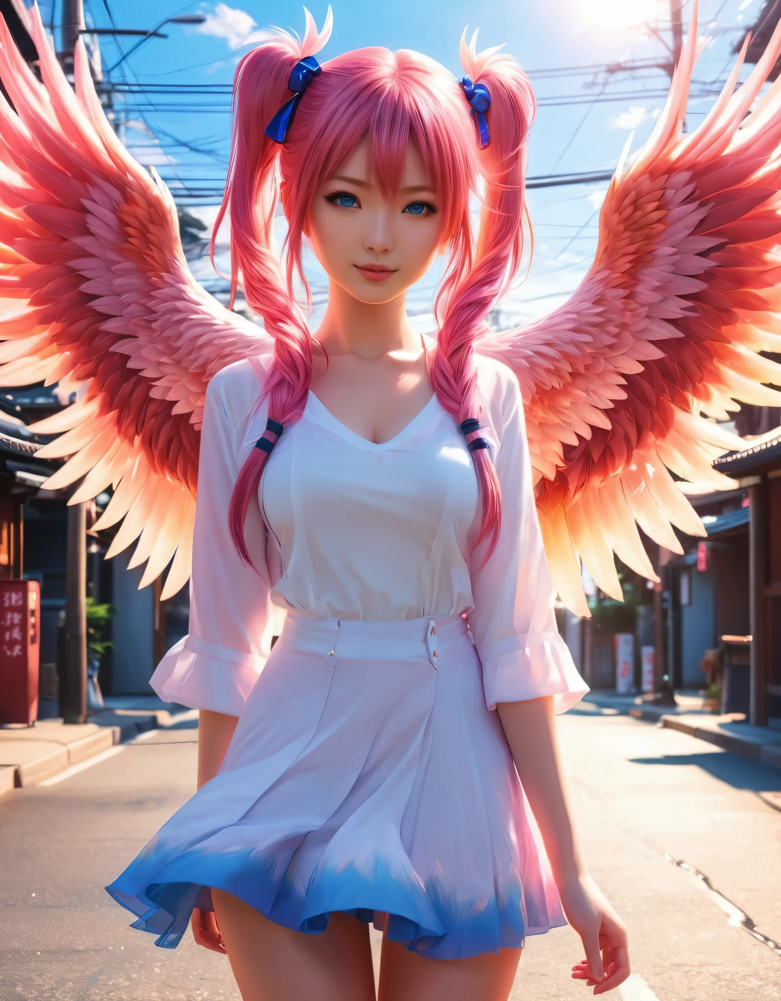 a woman that is standing in the street, photo realistic, inspired by Torii Kiyomoto, pixiv contest winner, magical realism, pink twintail hair and blue eyes, hot with shining sun, magic , ''wallpaper of a phoenix,m (full body:1.5)