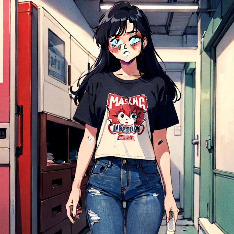 masterpiece,high quality,ultra high resolution,alone,
looking at the viewer,
Madoka Ayukawa,1 girl,
long hair,black hair,eyelash,brown eyes,
shirt,
jeans,
sneakers, retro artstyle, 1980s \(style\)))),