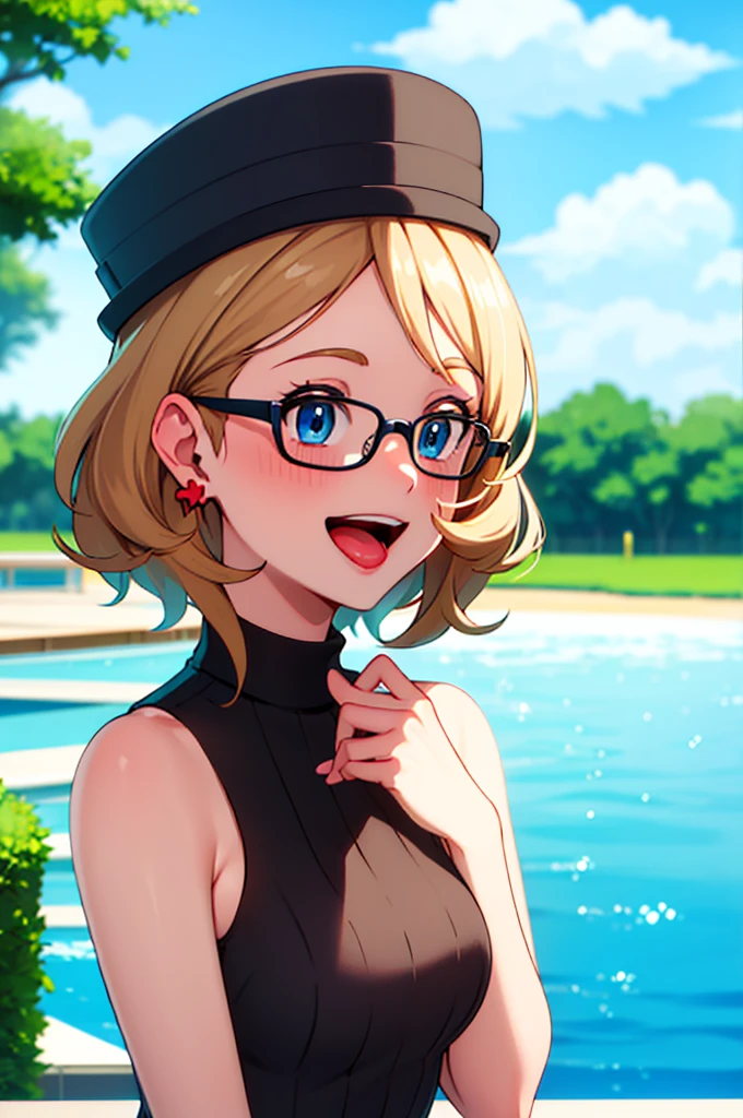 masterpiece, best quality, highres, 1girl, solo, blush, smile, short hair, open mouth, bangs, blue eyes, blonde hair, hat, jewelry, upper body, :d, earrings, outdoors, sky, sleeveless, day, tongue, shiny, cloud, hand up, water, blurry, vest, bare arms, eyelashes, turtleneck, border, happy, grass, sweater vest, sleeveless turtleneck, grey headwear,  glasses