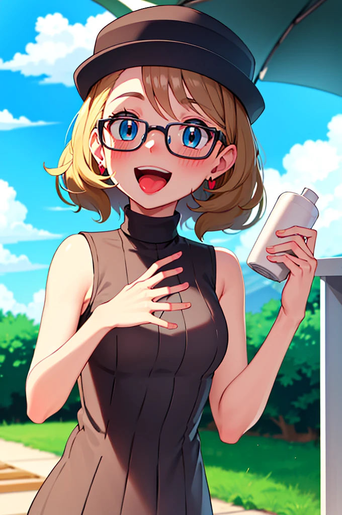 masterpiece, best quality, highres, 1girl, solo, blush, smile, short hair, open mouth, bangs, blue eyes, blonde hair, hat, jewelry, upper body, :d, earrings, outdoors, sky, sleeveless, day, tongue, shiny, cloud, hand up, water, blurry, vest, bare arms, eyelashes, turtleneck, border, happy, grass, sweater vest, sleeveless turtleneck, grey headwear, glasses