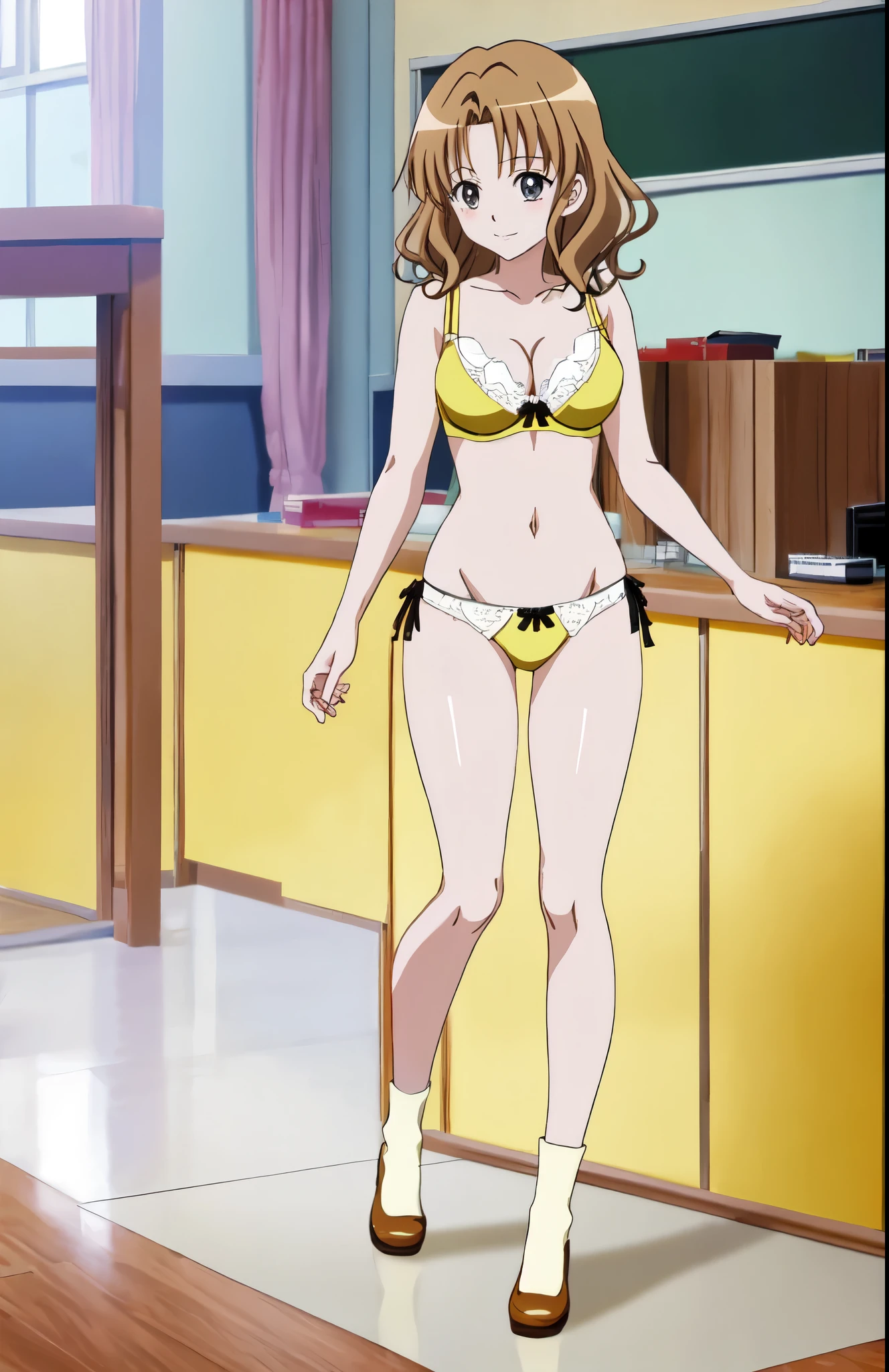 anime girl in a yellow bra with a black bow and yellow panty with a black bow、Woman with short brown hair、brown eyed woman、wavy hair、seductive anime woman、clothing:yellow bra、yellow panties、white knee high socks、tall woman、sexy atmosphere、anime moe art style、big breasts、woman with very large breasts、(anime girl)、attractive anime girl、naughty anime style、Beautiful charming anime 、Smooth anime CG art、school classroom、indoor、cleavage、bra with an yellow、panty with an yellow、knee-high socks with an white、whole body、Indoor shoes、a girl is standing、digital anime art!!、female focus、perfect body、sexy anime girl、full body、anime best girl、solo、underwear only、Bra and panties only、8k!!、High resolution!!、