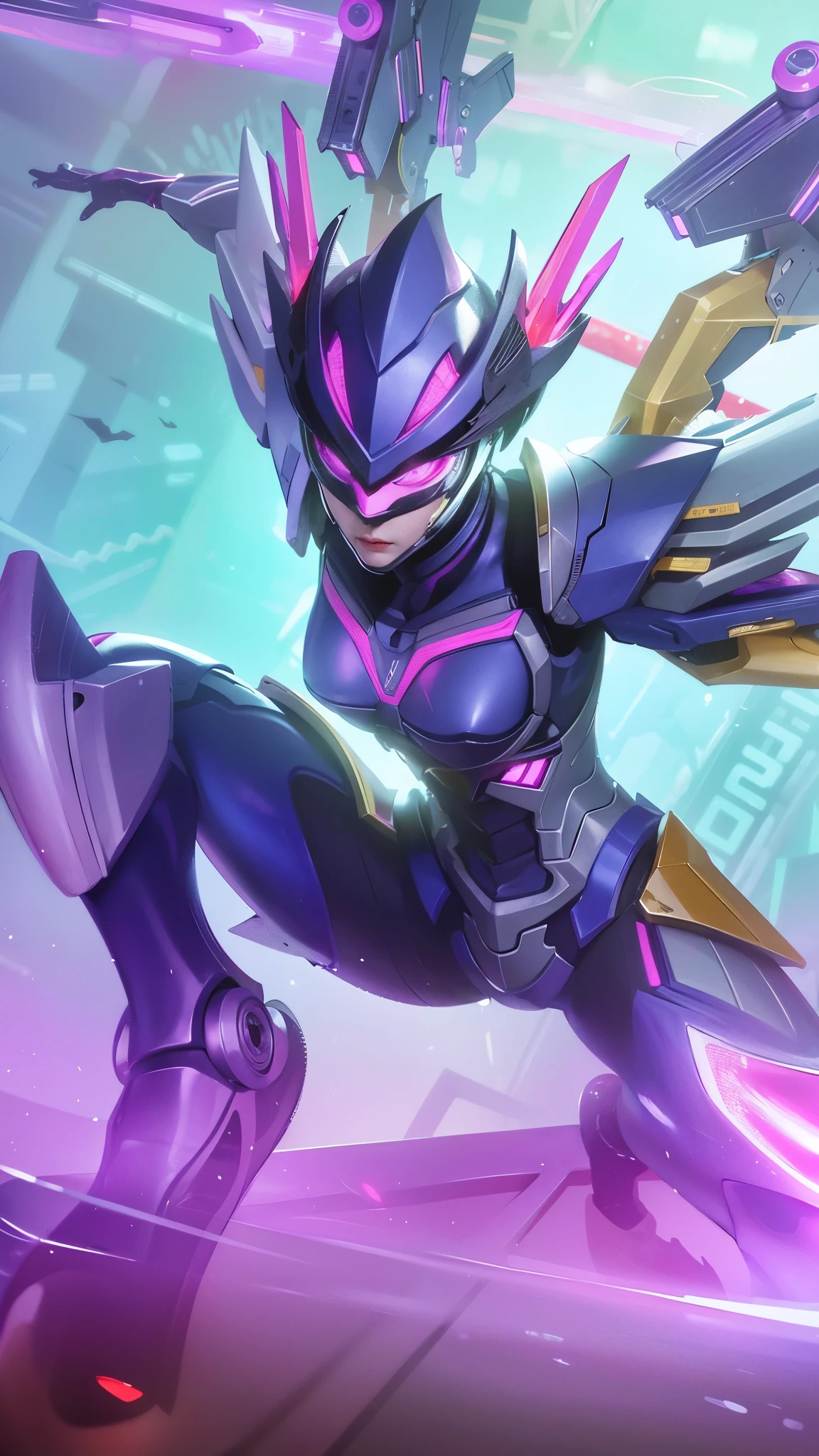 a close up of a robot with a purple and yellow costume, 8k, ultra hd, ultra detailed texture, hyper realistic, masterpiece, detailed texture, detailed face, detailed skin, detailed lighting, (photorealistic:1.5), best quality, beautiful lighting, cinematic lighting, professional lighting, ultra highres, realistic, detailed hair, real hair, high quality, (realskin:1.5), extremely detailed, finely detail, ultra-detailed.