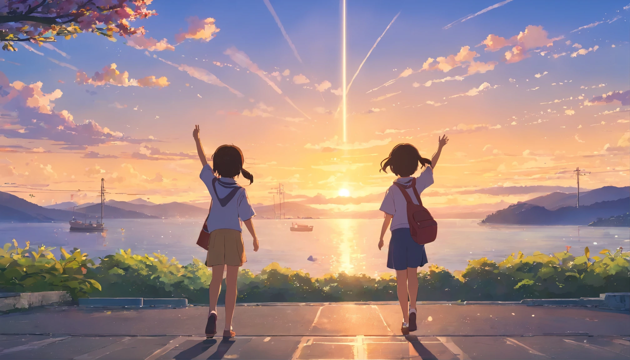 Elementary schools in Japan、outdoor、 waving、raise your right hand、evening,7 year old elementary school student、Rear view、many children in the distance、Filled with fantastic and beautiful light。High quality down to the smallest detail。High resolution、4k